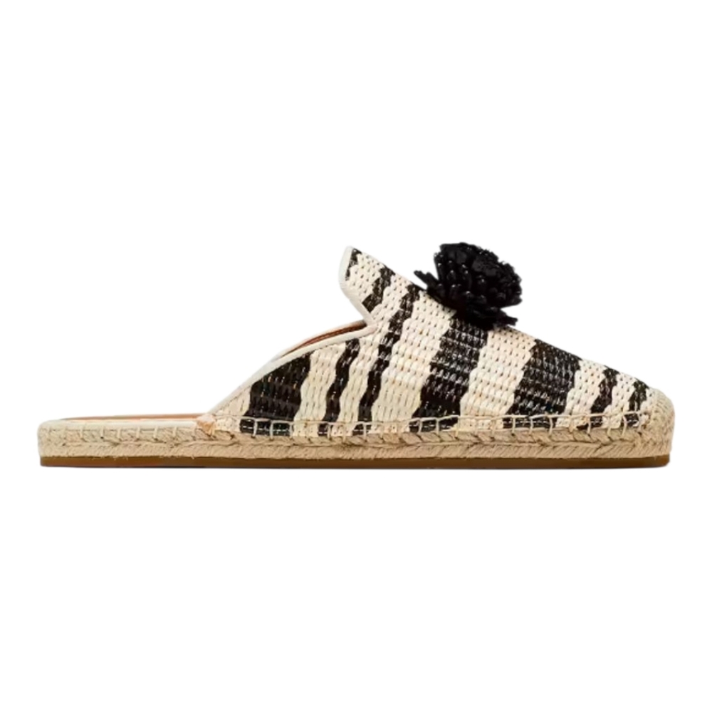 Kate Spade Solero Raffia Espadrille Mules Striped Black Cream Pom Pom Slides - Picture 7 of 9